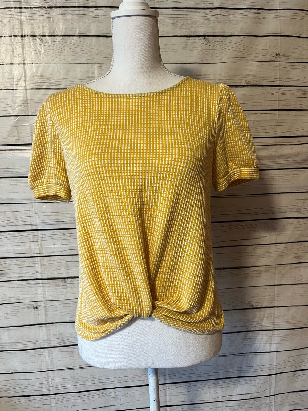 W5 Yellow Puff Sleeve Twist Knot Front Top